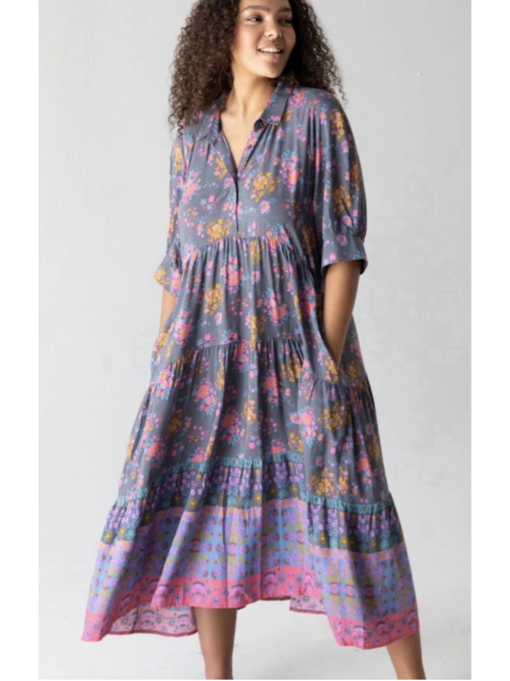 Natural Life Rebecca Floral Boho Midi Dress Sz L Peasant Cottagecore - Picture 14 of 15